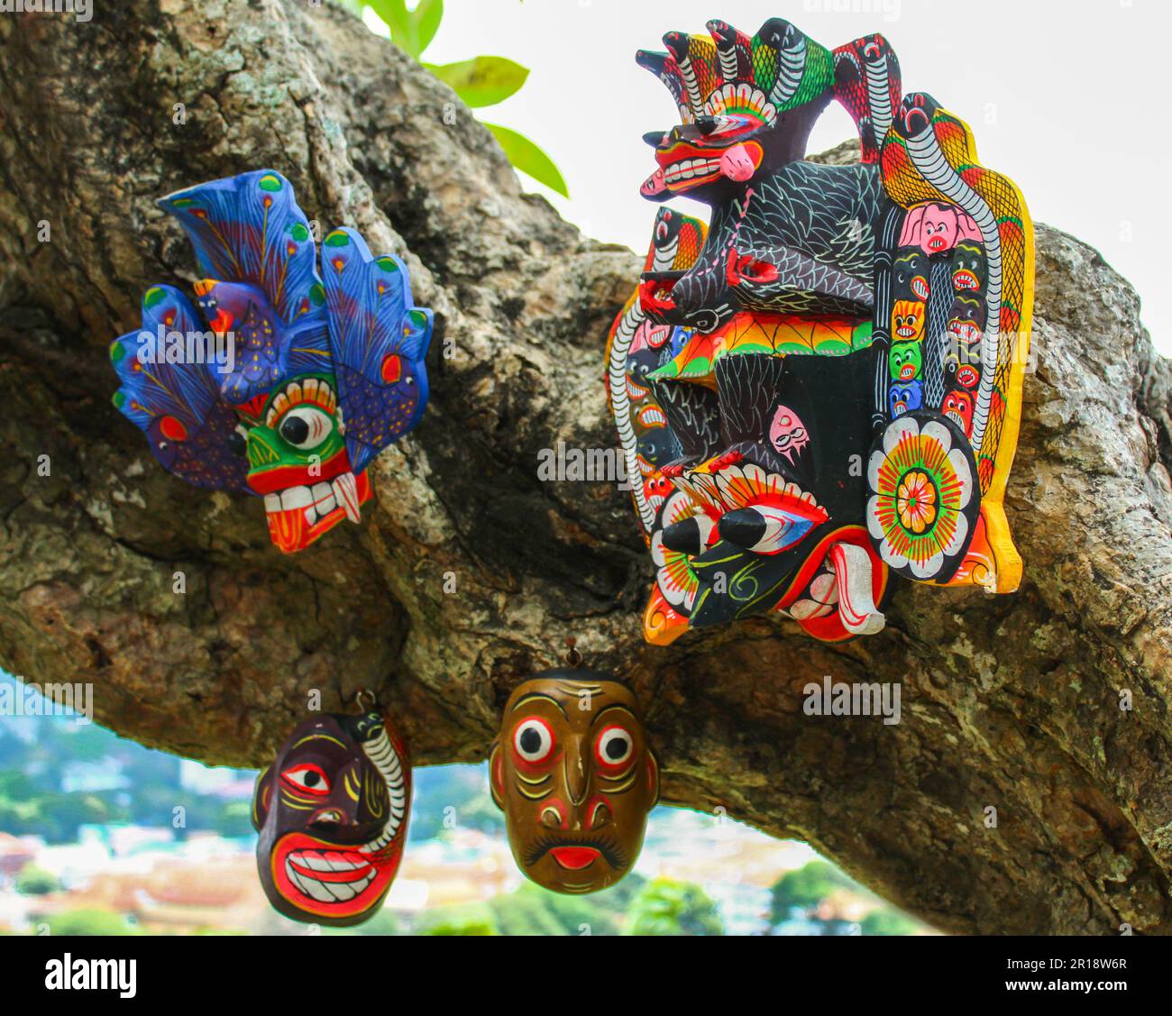 Magnifique Sri Lankan en bois sculpté masques traditionnels suspendus sur un arbre Banque D'Images