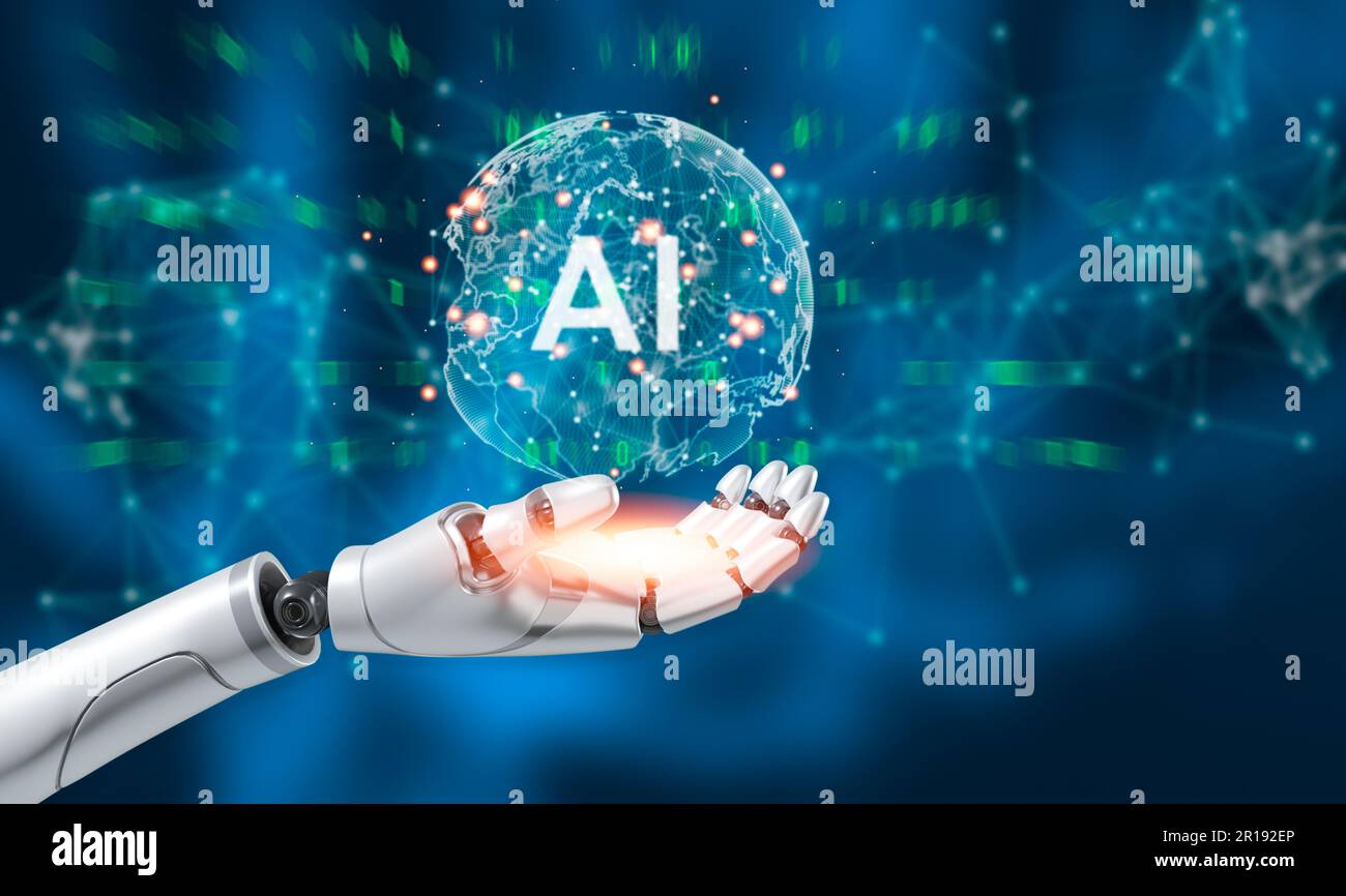Robot main touchant le monde numérique et l'interface graphique virtuelle et l'intelligence artificielle ai, apprentissage machine, connexion réseau Big Data 3D rende Banque D'Images