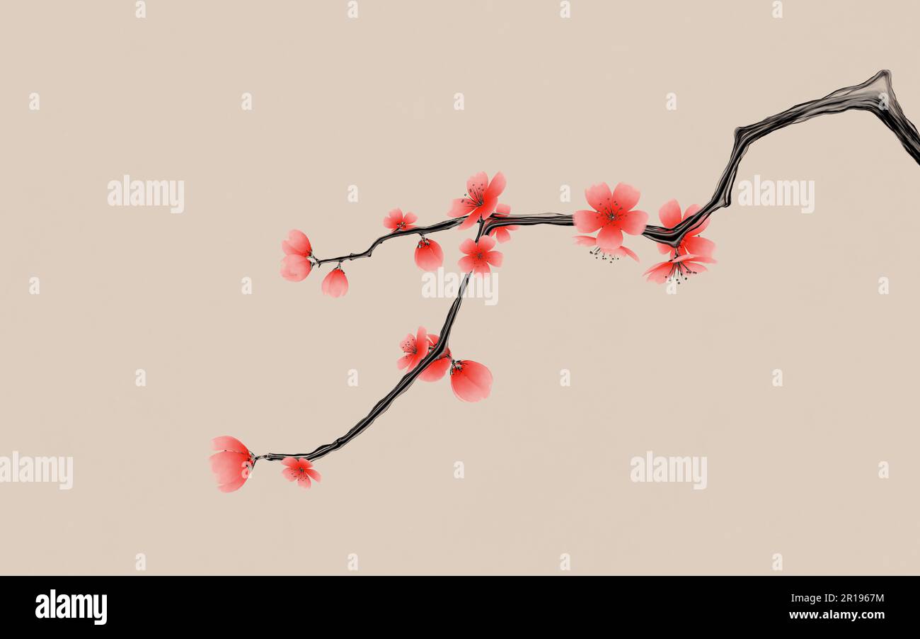 Fleur de prune avec style de peinture à l'encre chinoise, rendu 3D. Dessin numérique. Banque D'Images