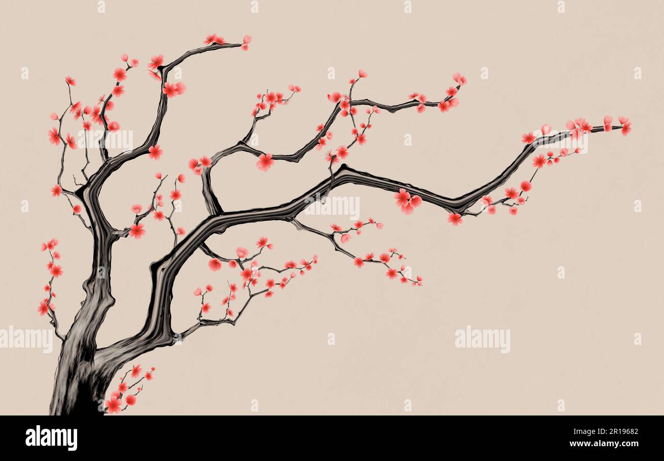 Fleur de prune avec style de peinture à l'encre chinoise, rendu 3D. Dessin numérique. Banque D'Images