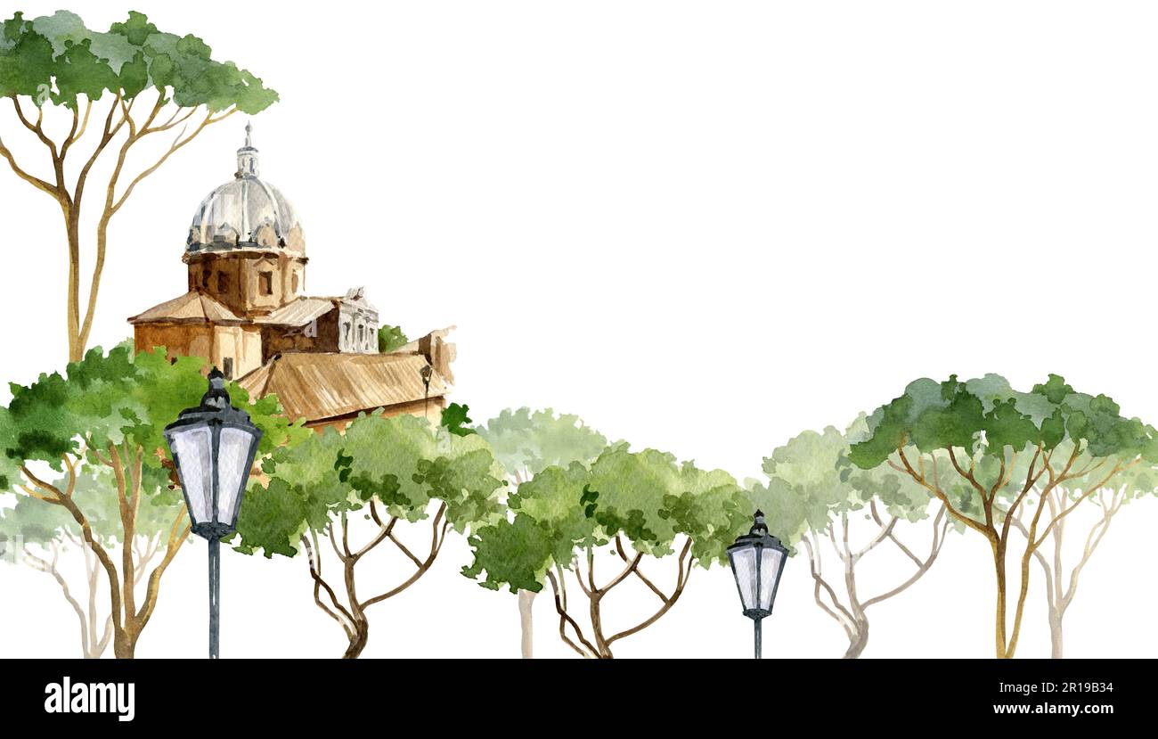Illustration aquarelle de Rome, Italie, panorama dessiné à la main de la ville avec le pin de pinya et la vieille lampe de rue, isolée sur fond blanc. Banque D'Images