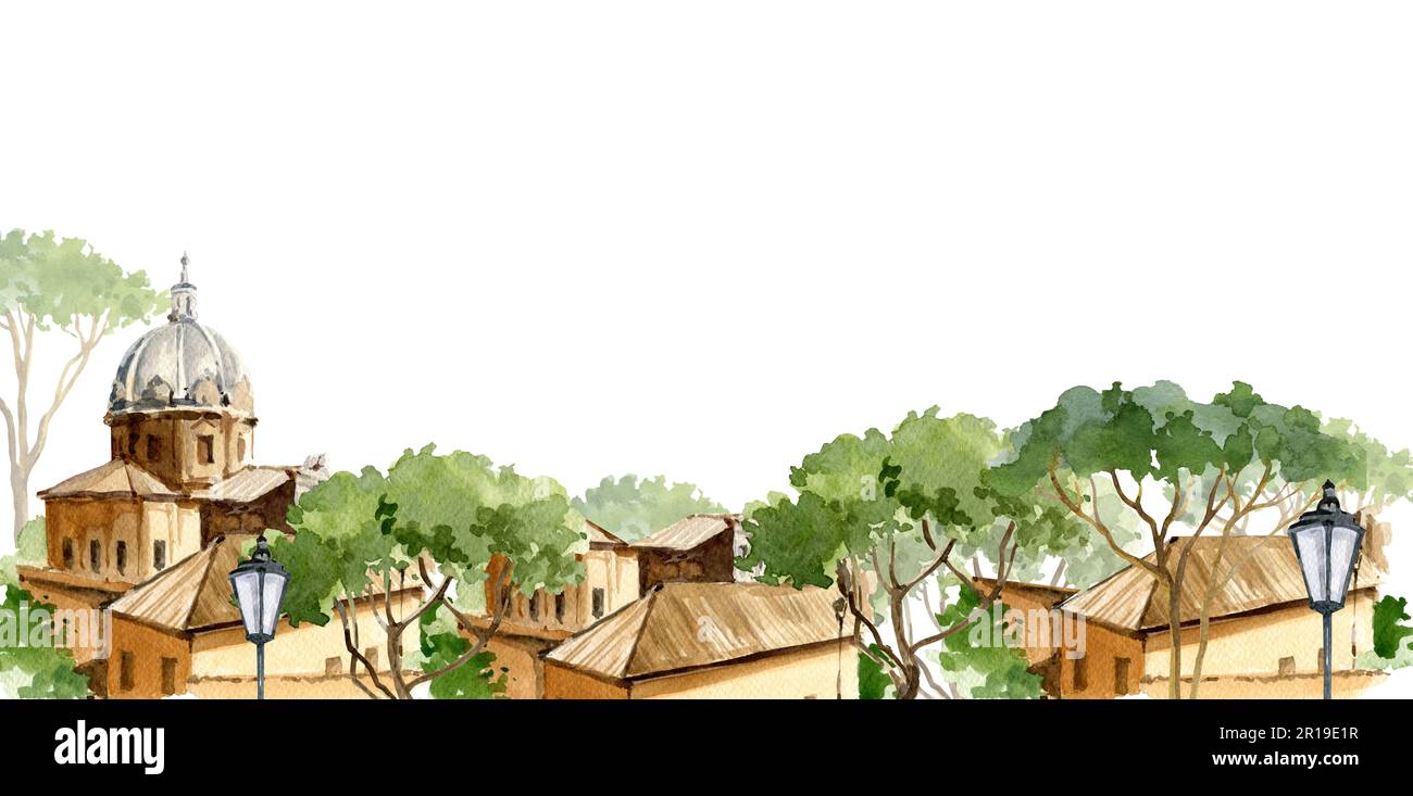 Illustration aquarelle de Rome, Italie, panorama dessiné à la main de la ville avec le pin de pinya et la vieille lampe de rue, isolée sur fond blanc. Banque D'Images