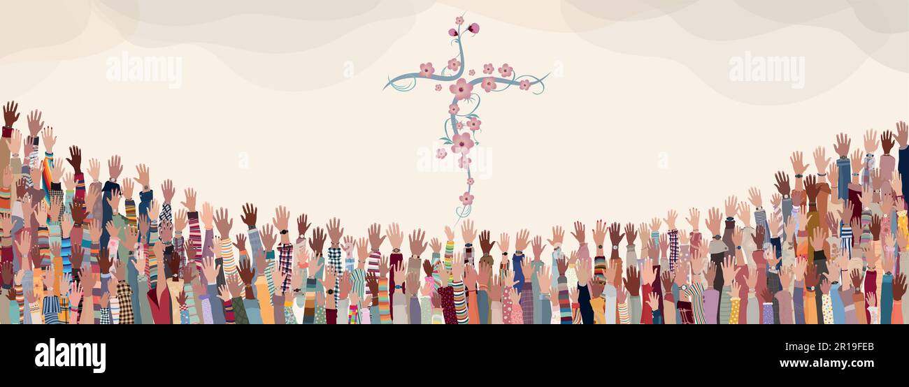 Groupe de nombreux chrétiens avec des mains levées priant ou chantant. Christianisme dans le monde.adoration chrétienne.concept de foi et d'espérance en Jésus Illustration de Vecteur