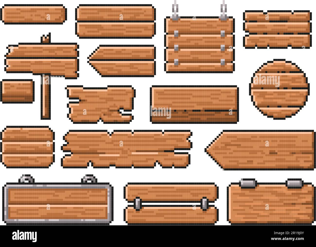 Panneaux en bois pixel art. Ancien pointeur de guide de route, bannière de style bois 8 bits et cadre d'interface d'application ensemble de modèles vectoriels Illustration de Vecteur