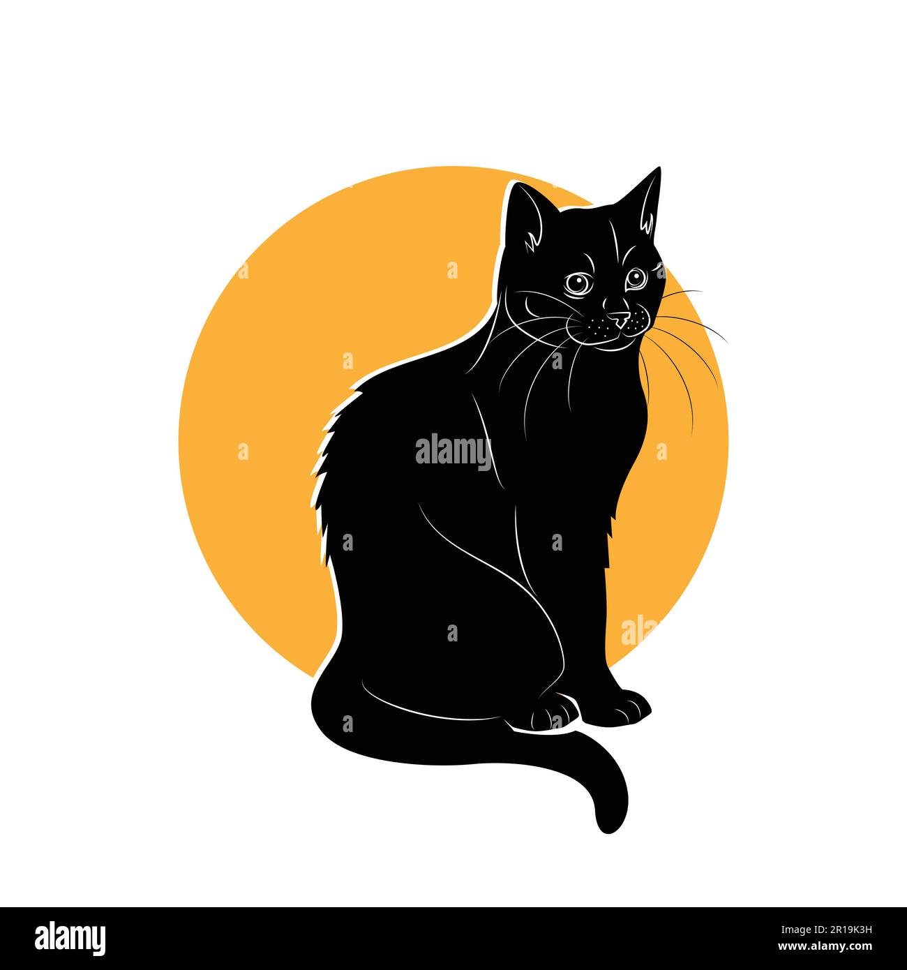 Image vectorielle d'un chat noir assis sur un fond blanc avec un cercle jaune Illustration de Vecteur