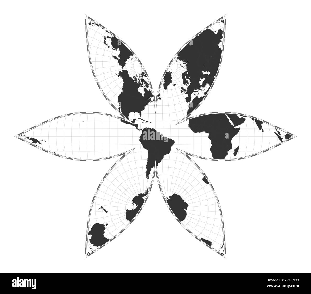Carte du monde vectorielle. La projection mondiale de Gingery centrée sur les États-Unis. Carte géographique simple avec des lignes de latitude et de longitude. Illustration de Vecteur