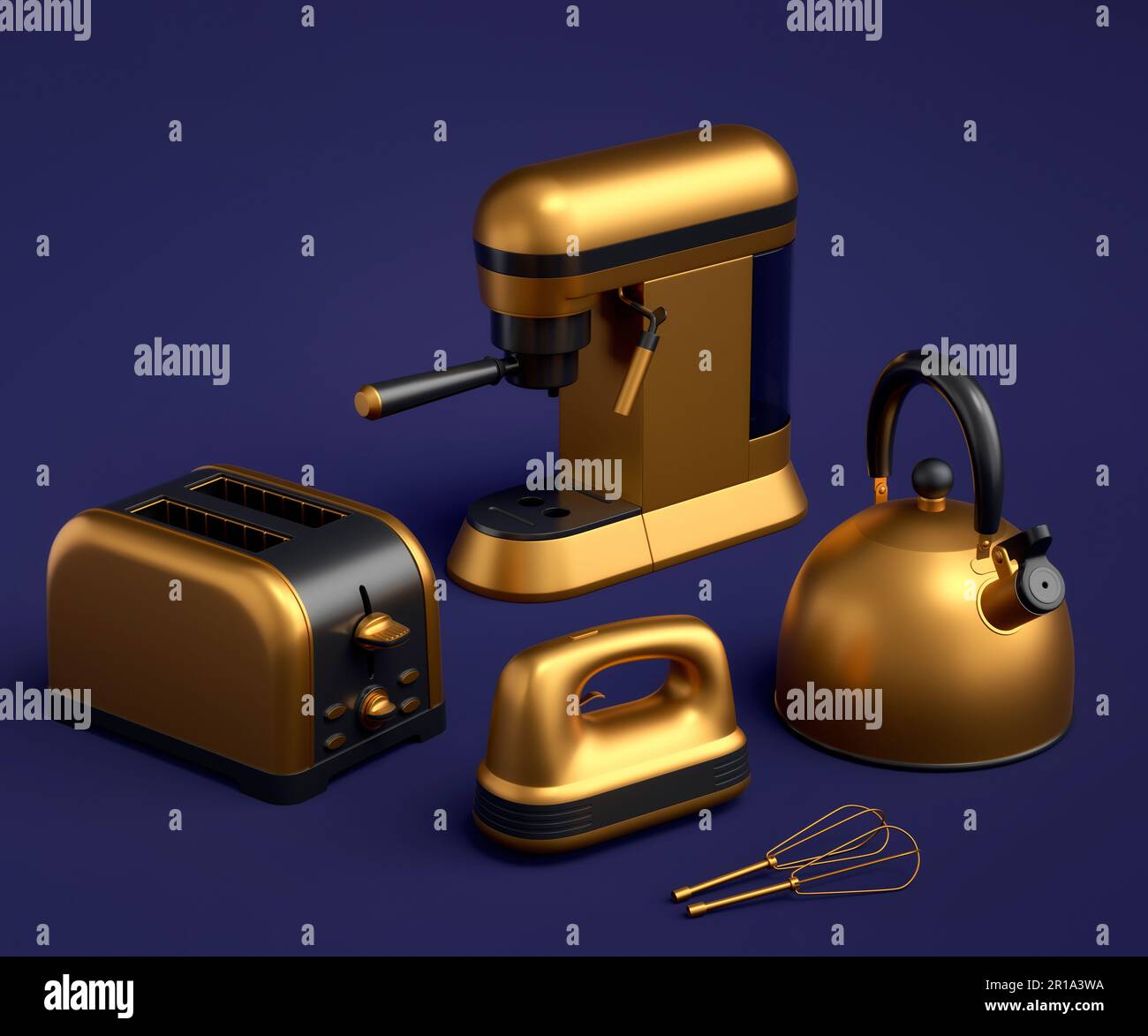 Machine à café expresso, mixeur plongeant, bouilloire et grille-pain pour préparer le petit déjeuner sur fond bleu. 3d rendu de la cafetière pour préparer du café latte Banque D'Images