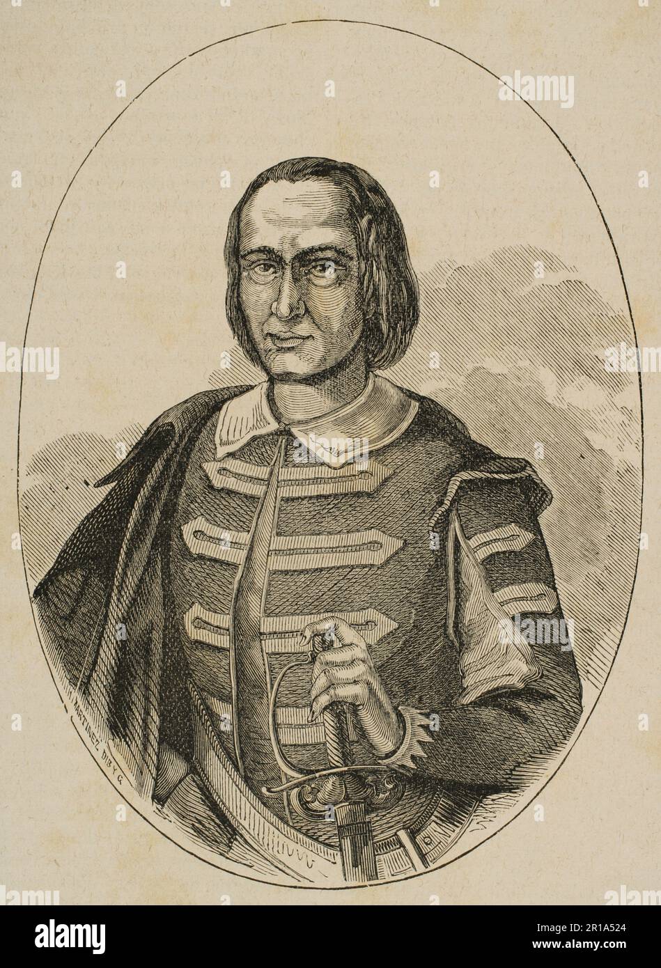 Pedro Antonio Veciana (Pere Anton Veciana i Rabassa) (Sarral, ca. 1682-Valls, 1736). Paysan et politicien catalan. Partisan de Philip V, il s'installe à Valls où, en 1718, il lutte contre les guérilleros qui se levaient contre les Bourbons. En 1719, il organise un escadron pour défendre la ville de Valls. Son efficacité signifiait qu'il demeurait un corps de défense permanent sous son commandement. Il est nommé premier commandant des Escuadras de Cataluña (escadrons de Catalogne). Portrait. Gravure. Historia de las Escuadras de Cataluña, 1876. Banque D'Images