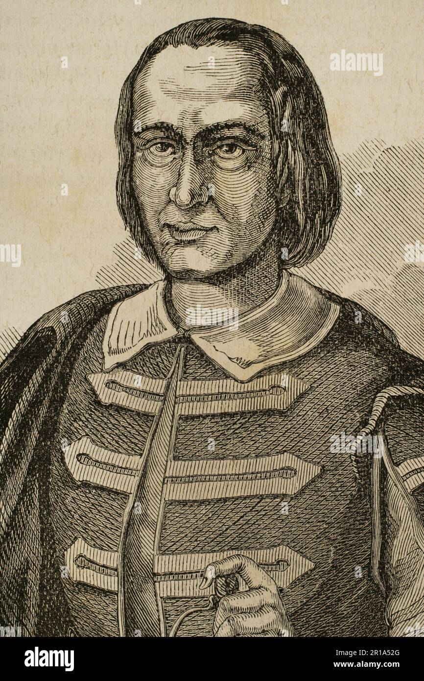 Pedro Antonio Veciana (Pere Anton Veciana i Rabassa) (Sarral, ca. 1682-Valls, 1736). Paysan et politicien catalan. Partisan de Philip V, il s'installe à Valls où, en 1718, il lutte contre les guérilleros qui se levaient contre les Bourbons. En 1719, il organise un escadron pour défendre la ville de Valls. Son efficacité signifiait qu'il demeurait un corps de défense permanent sous son commandement. Il est nommé premier commandant des Escuadras de Cataluña (escadrons de Catalogne). Portrait. Gravure. Historia de las Escuadras de Cataluña, 1876. Banque D'Images