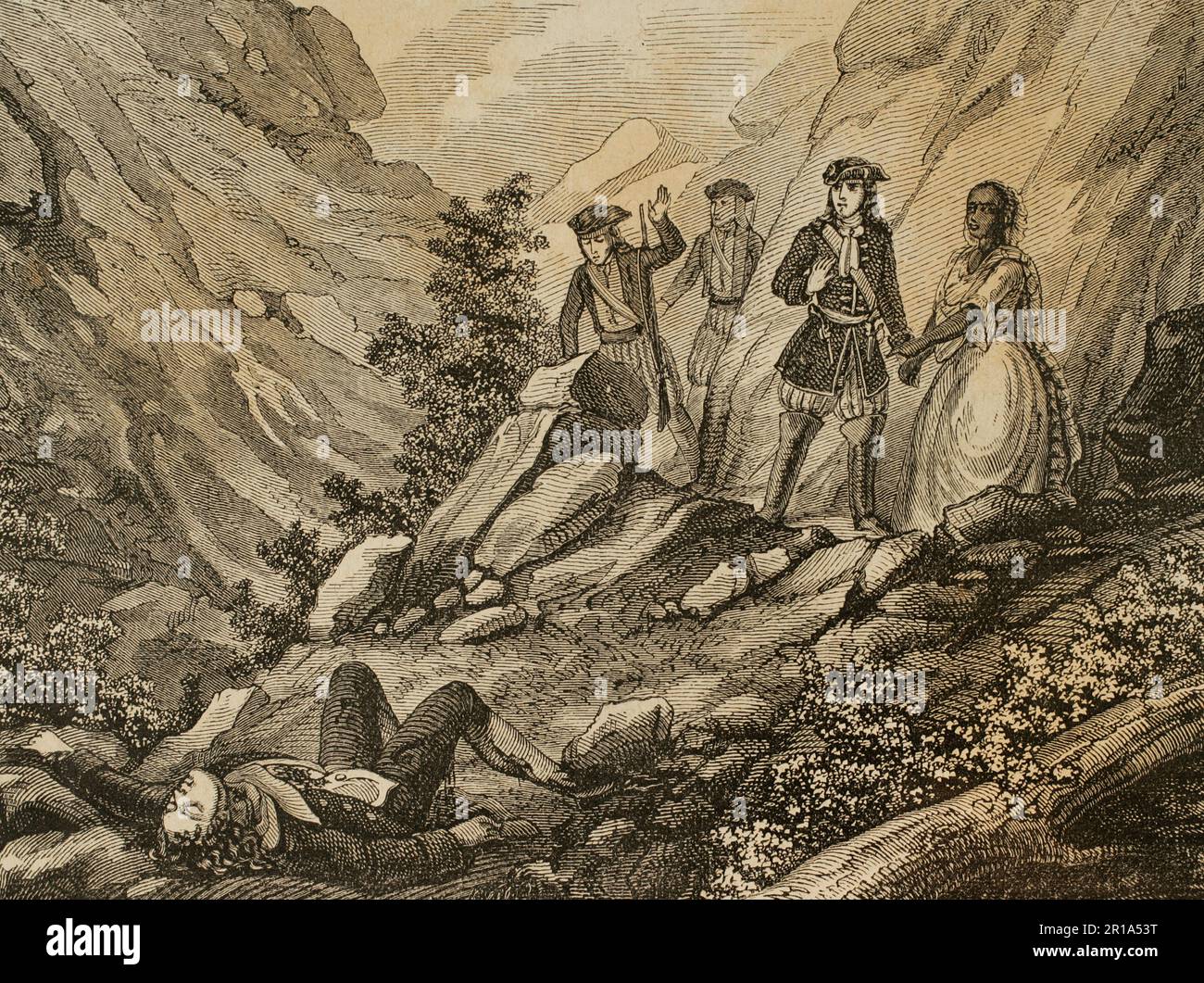 Histoire des escadrons de Catalogne. Qui l'a mutilé?, dit le caporal. Moi, répondit la femme noire, parce qu'il m'était infidèle. Gravure représentant le cadavre d'un homme trouvé par les agents dans un paysage de montagne. 'Historia de las Escuadras de Cataluña, intercalada con la vida y hechos de los más célebres ladrones y bandoleros' (Histoire des escadrons de Catalogne, parsemée de la vie et des faits des plus célèbres voleurs et bandits). Par José Ortega y Espinós (1815-1876). Barcelone, 1876. Banque D'Images