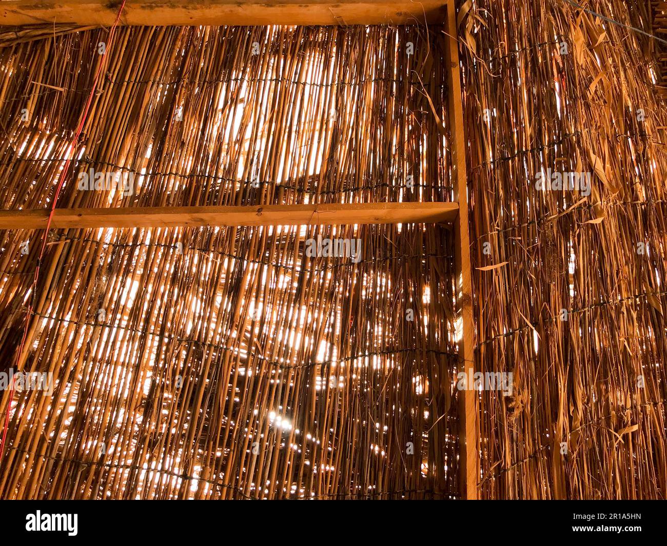 La texture d'une paille naturelle et sèche brun orangé scintillée dans le toit d'un vieux bungalow en chaume. Fond décoratif naturel. Banque D'Images