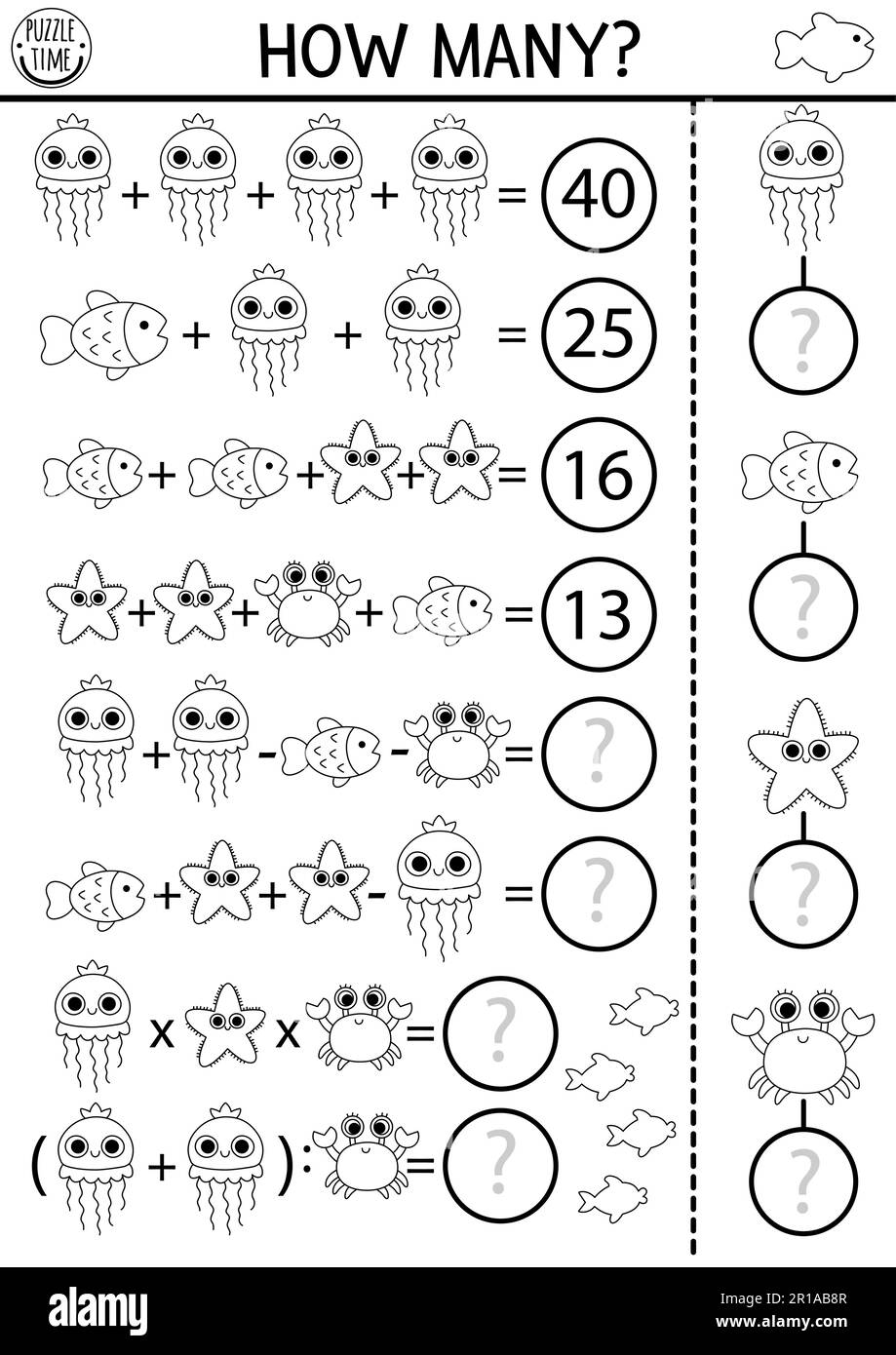 Combien d'animaux de l'eau noir et blanc jeu, équation ou rembus. Sous ...