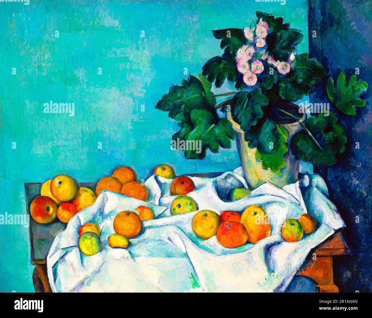 Encore la vie avec des pommes et un pot de Primroses par Paul Cézanne. Original du MUSÉE MET. Banque D'Images