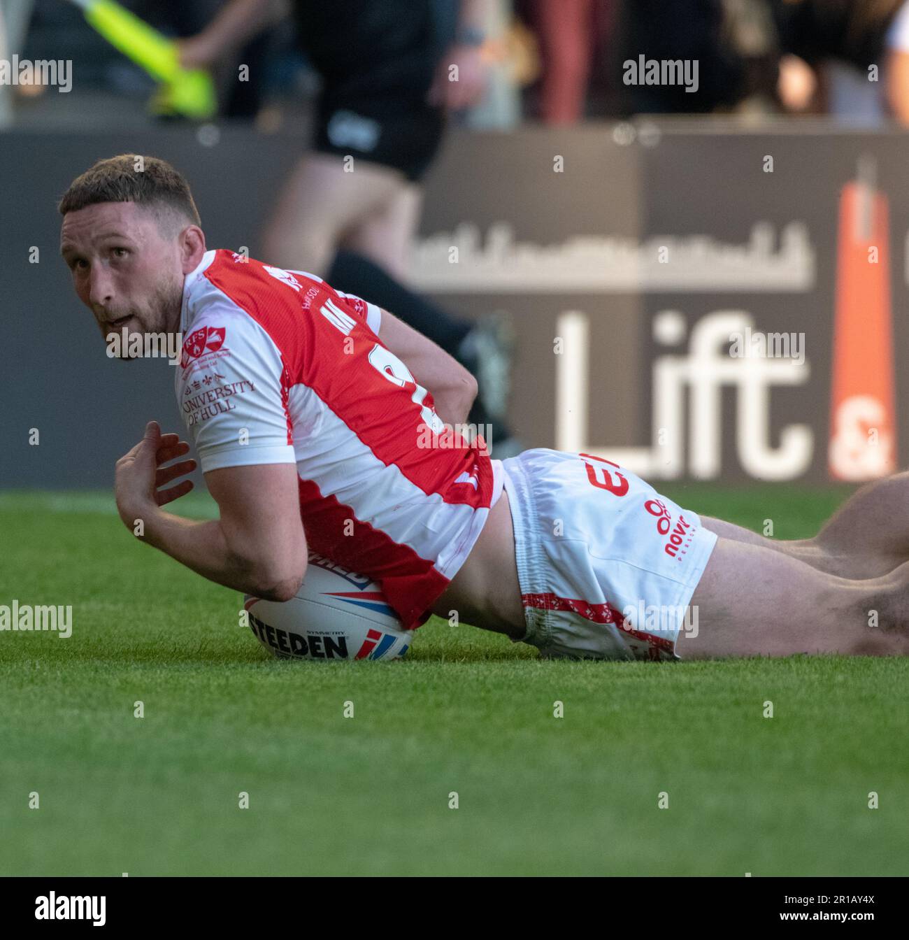 Warrington, Cheshire, Angleterre 12th mai 2023. Tom Opacic de Hull KR marque la première tentative du match, lors de Warrington Wolves V Hull Kingston Rovers au stade Halliwell Jones, la Betfred Super League. (Image de crédit : ©Cody Froggatt/Alamy Live News) Banque D'Images