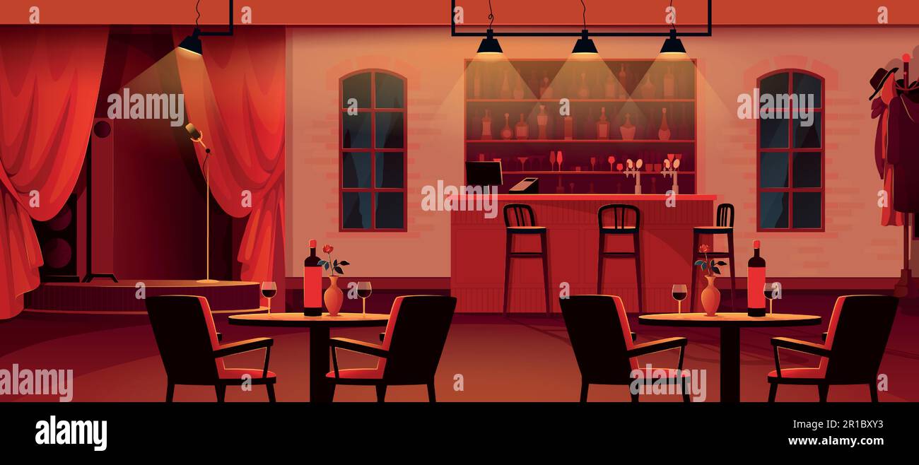 Intérieur du bar animé. Restaurant ou discothèque avec musique jazz. Comptoir de pub. Chaises de café et bureaux. Vin sur les tables. Scène des chanteurs. Chambre confortable vide. Env Illustration de Vecteur