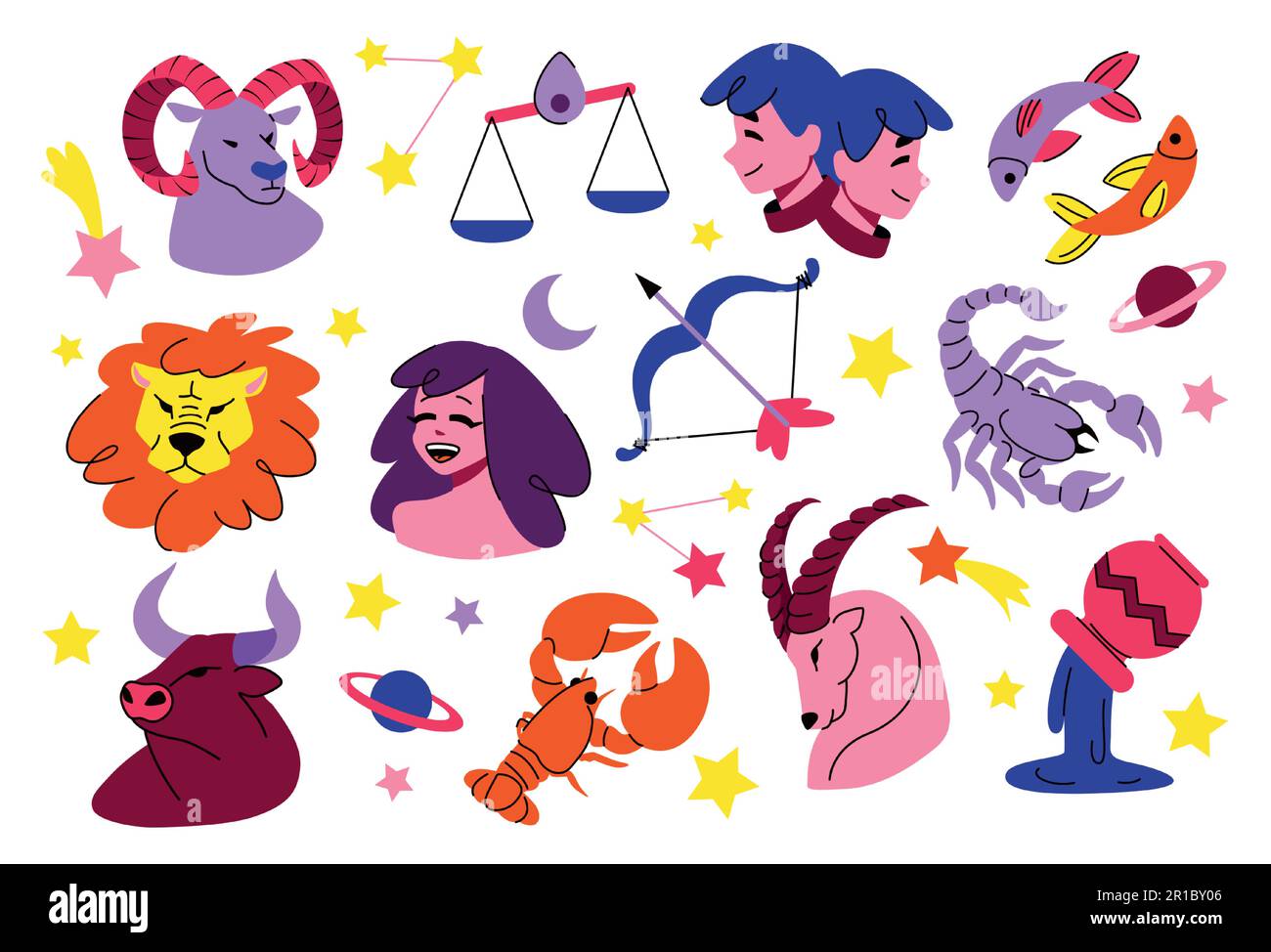Signes du zodiaque. Poissons mignons, icônes d'aries et de taureau, sagittaire, lion et capricorne, constellation abstraite du verseau, symboles astrologiques de l'horoscope, cu Illustration de Vecteur
