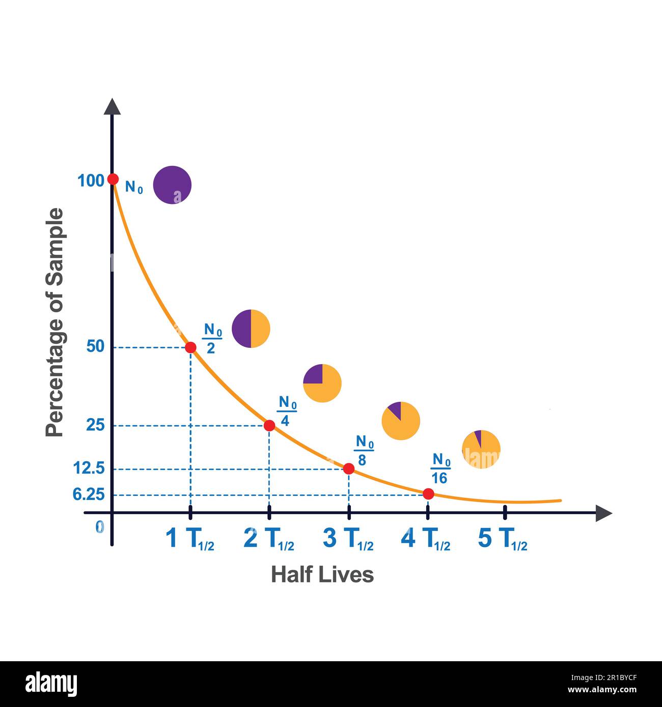 courbe de demi-vie en chimie nucléaire. Demi-vie et courbe de désintégration radioactive en physique. Lois de désintégration radioactive. demi-vie et radioactif Illustration de Vecteur