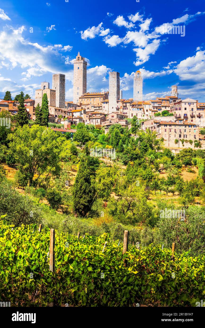 San Gimignano est une ville médiévale de colline en Toscane, en Italie, connue pour sa belle architecture, ses tours, et ses vues panoramiques époustouflantes. Banque D'Images