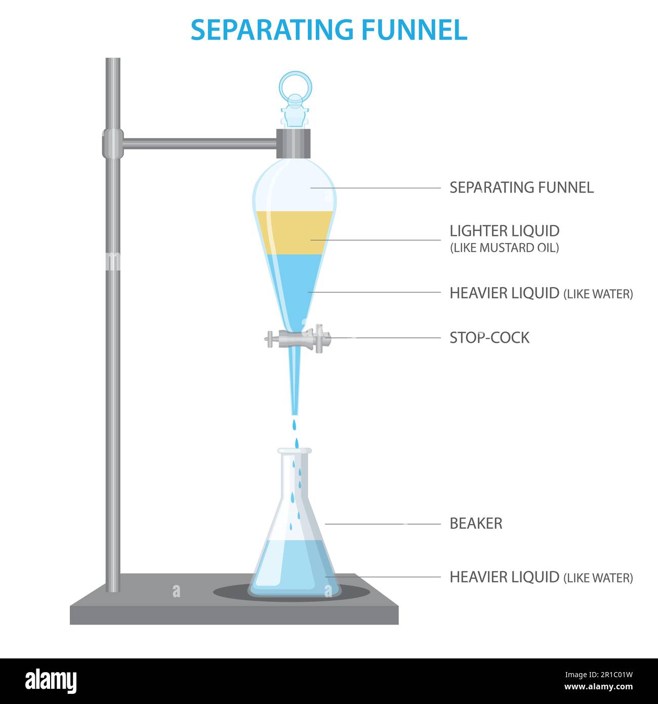 entonnoir de séparation verrerie de laboratoire utilisée dans les extractions liquide-liquide pour séparer ou séparer les composants d'un mélange en deux solv immiscibles Illustration de Vecteur