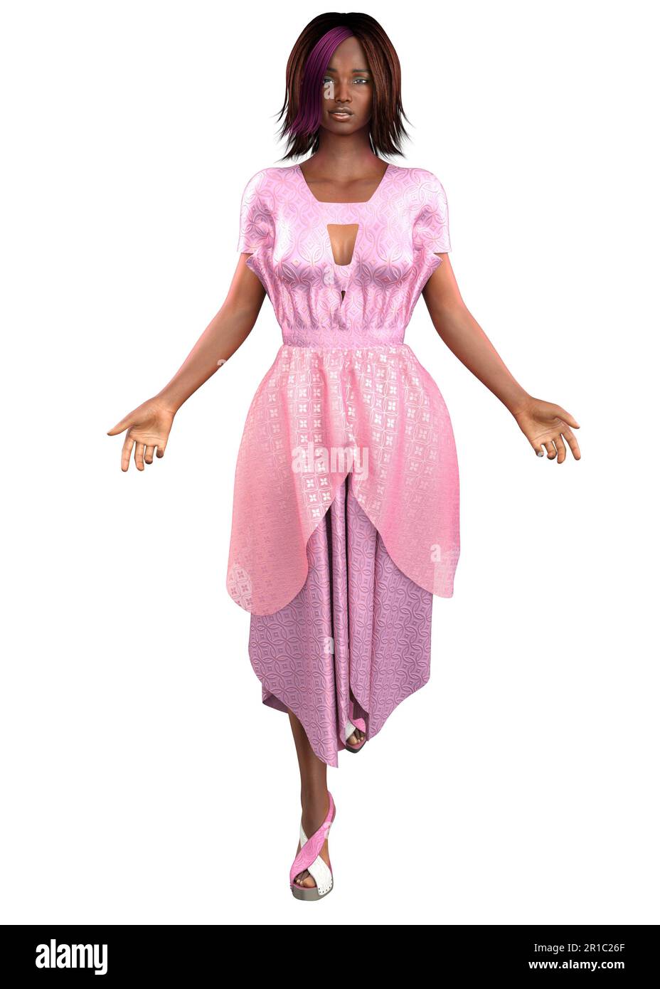 Jeune femme afro-américaine porte une robe rose romantique, 3D Illustration. Banque D'Images