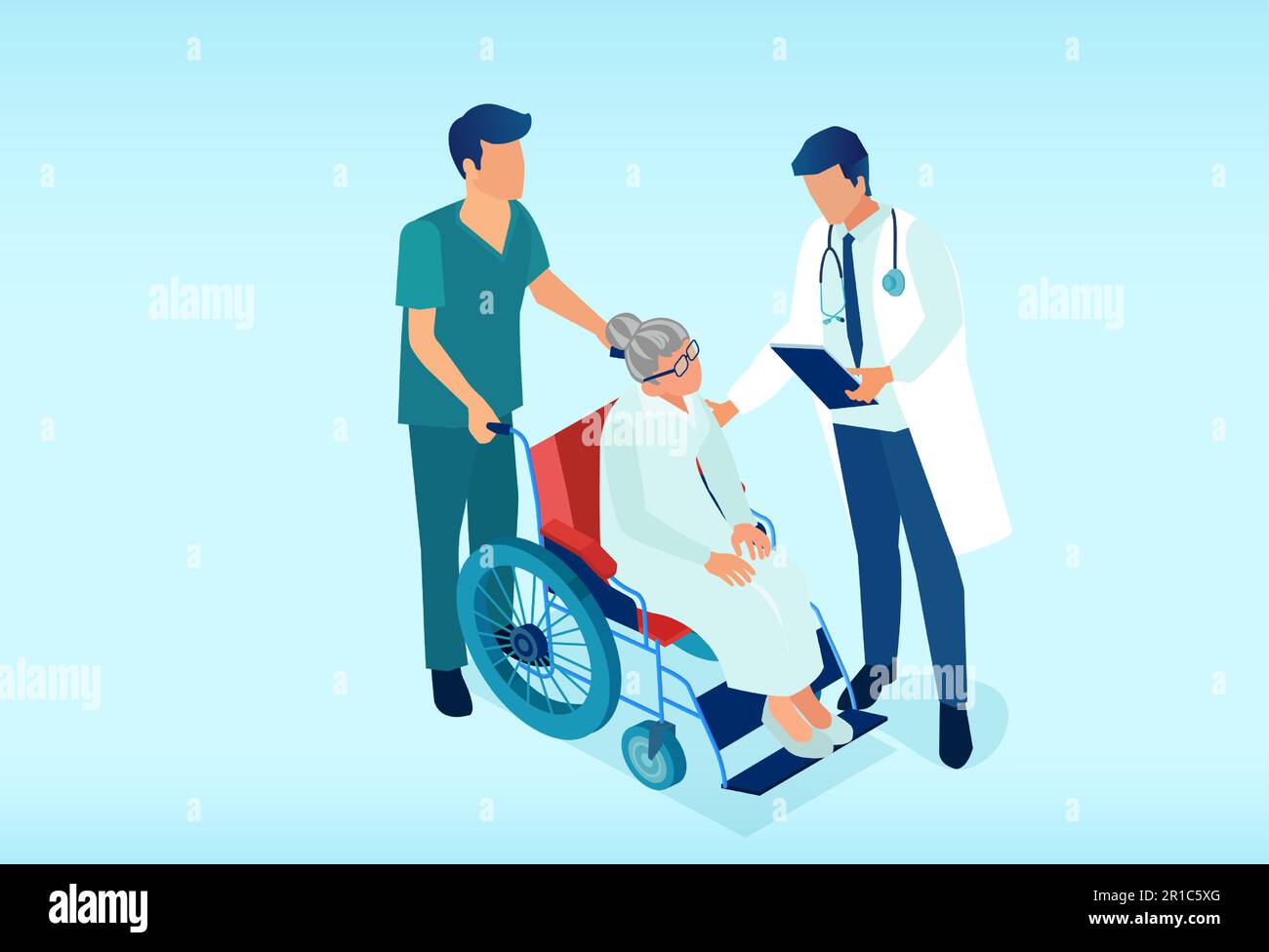Vecteur d'une infirmière et d'un médecin prenant soin d'une patiente âgée en fauteuil roulant. Illustration de Vecteur