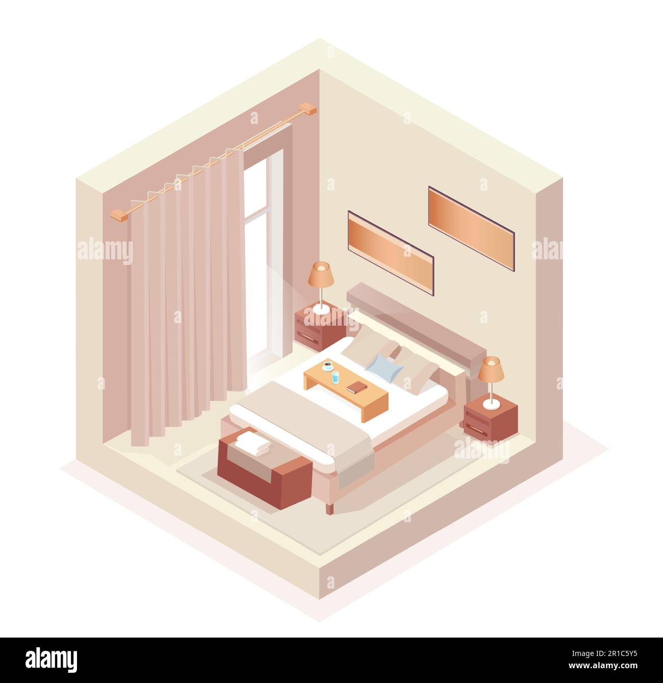 Vecteur isométrique d'une chambre à coucher à l'intérieur avec lampes de lit et de table de nuit. Illustration de Vecteur