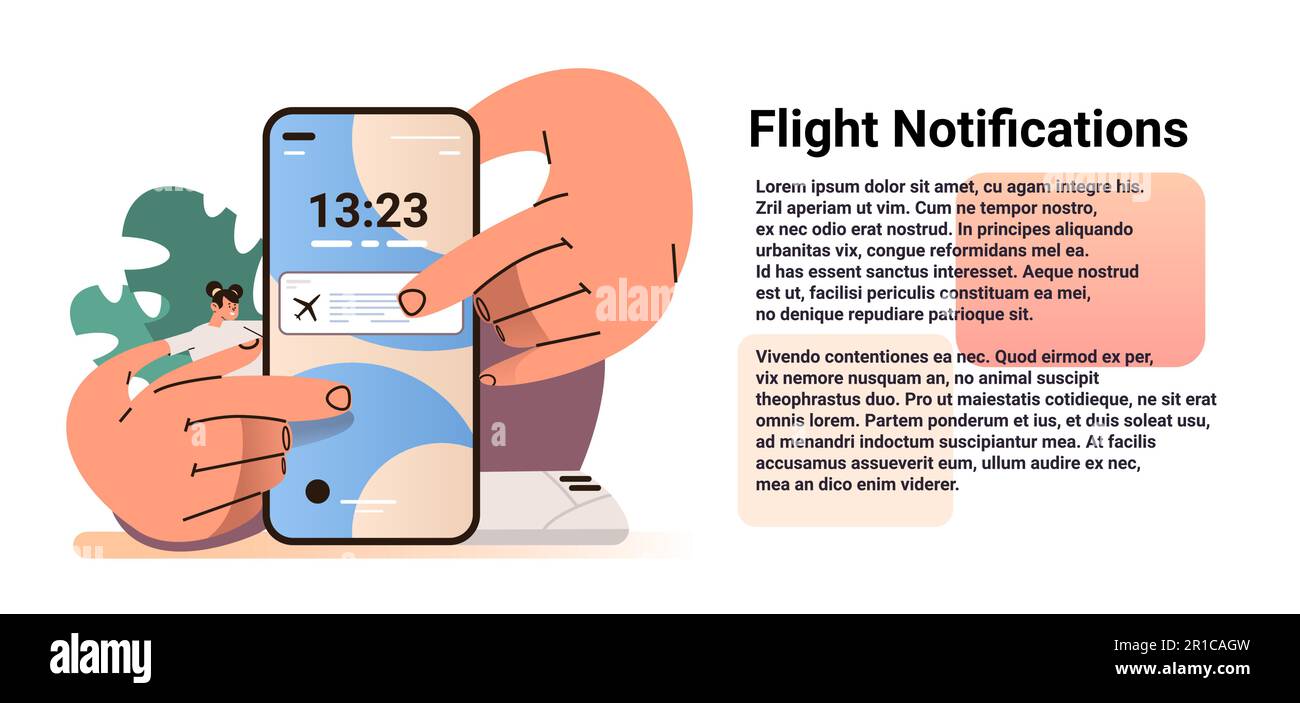 fille avec smartphone reçoit une notification sur les billets d'avion à prix réduit notifications de vol concept de voyage d'avion horizontal Illustration de Vecteur