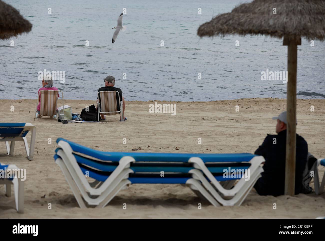 Palma, Espagne. 11th mai 2023. Touristes assis sur la plage d'Arenal. La Playa de Palma à Ballermann à Majorque a perdu le 'drapeau bleu' et donc le statut de plage d'excellente qualité. (À dpa 'Ballermann Beach perd 'drapeau bleu' pour l'excellente qualité') Credit: Clara Margais/dpa/Alay Live News Banque D'Images