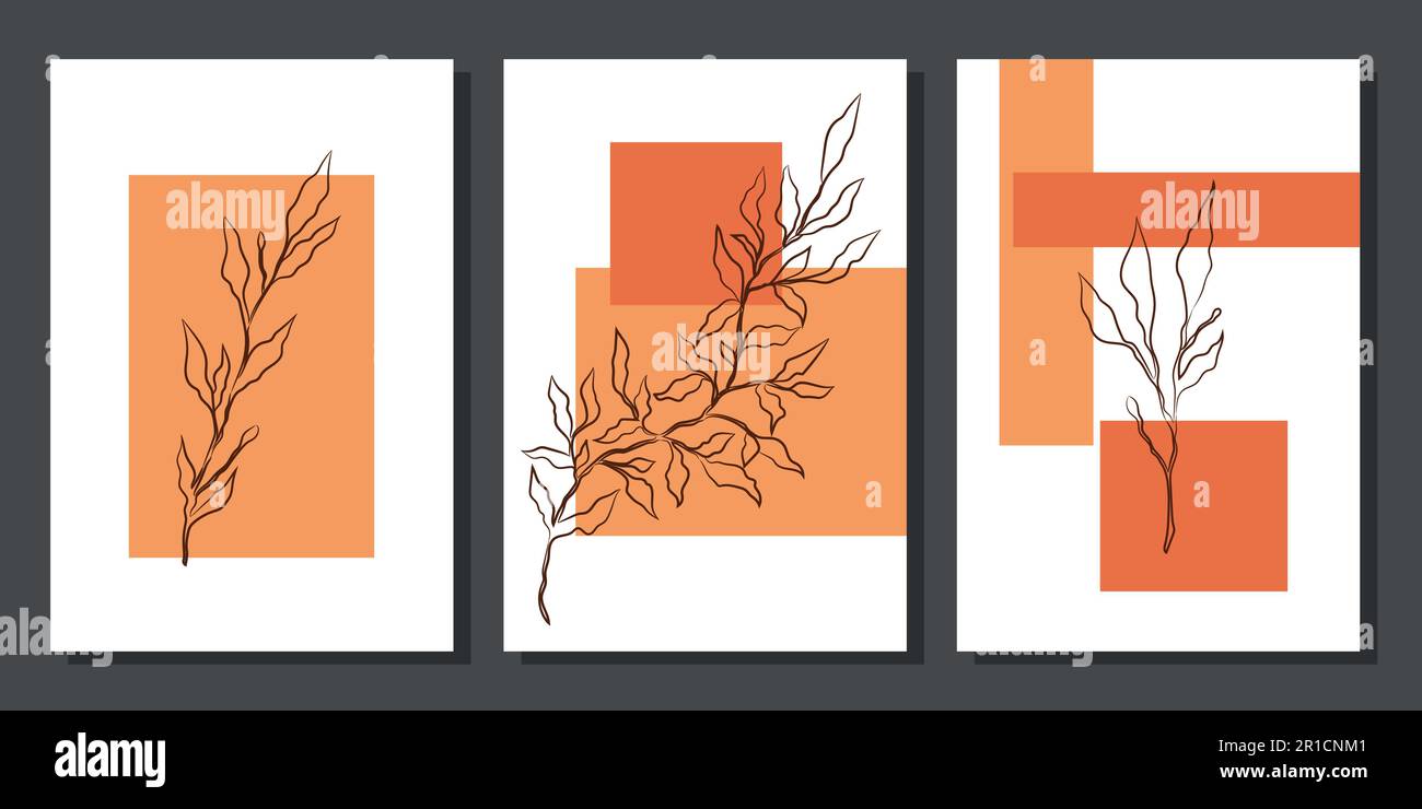 Ensemble de peintures minimalistes créatives aux éléments botaniques et aux formes orange. Pour la décoration intérieure, l'impression et le design Illustration de Vecteur