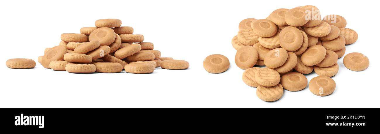 pile de biscuits au lait ou de biscuits, craquelins ronds croustillants et croquants, en-cas ou desserts isolés sur fond blanc Banque D'Images