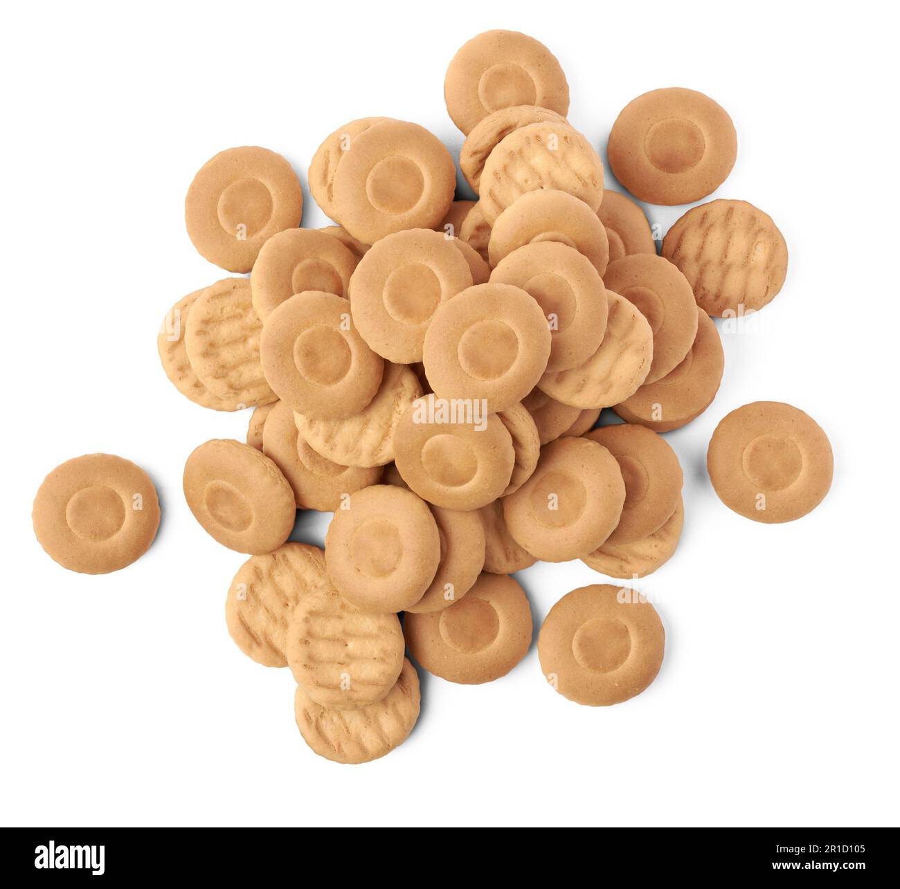 pile de biscuits au lait ou de biscuits, craquelins ronds croustillants et croquants, en-cas ou desserts isolés sur fond blanc Banque D'Images