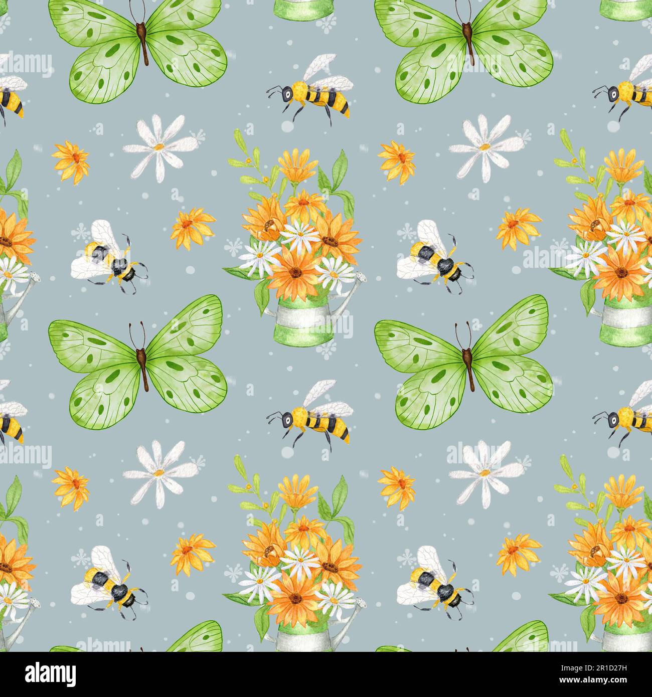 Papillon et abeilles. Motif aquarelle sans couture avec papillons, abeilles  et fleurs sauvages. Un bouquet de tournesols dans un arrosoir en métal  Photo Stock - Alamy