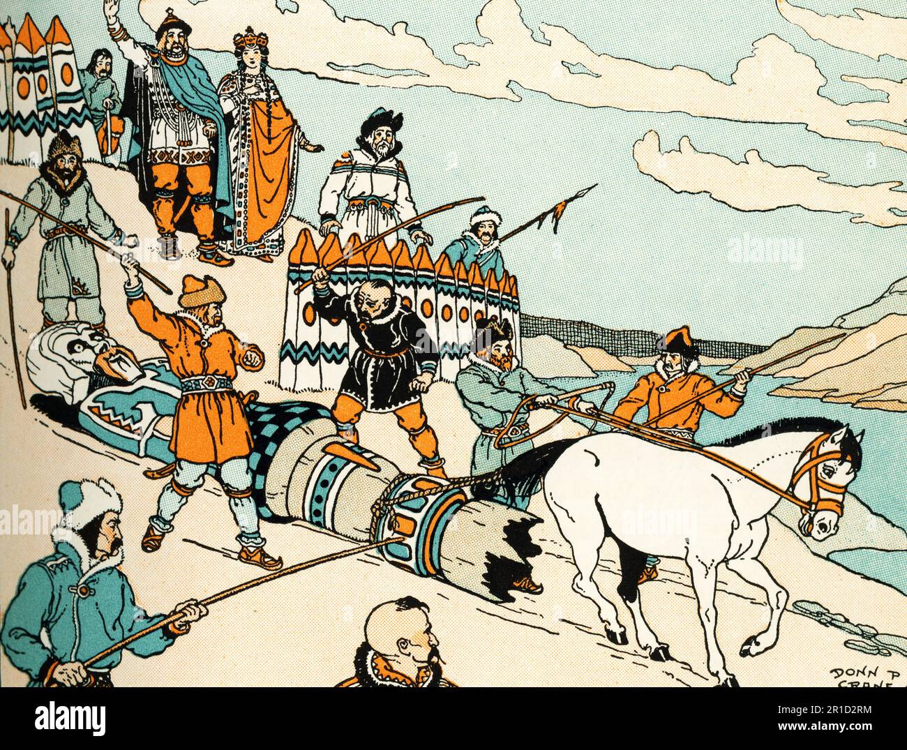 Baptême de Kiev. Par Donn Philip Crane (1878-1944). Ici, nous voyons Vladimir le Grand (c958-1015) avoir détruit les statues en bois des dieux païens slaves. La statue de Perun, qui avait été choisie comme la déité suprême du panthéon slave, a été déchirée d'une colline surplombant Kiev et jetée dans le fleuve Dniepr. Vladimir a ensuite exhorté les habitants de sa capitale au fleuve Dniepr pour le baptême. Banque D'Images