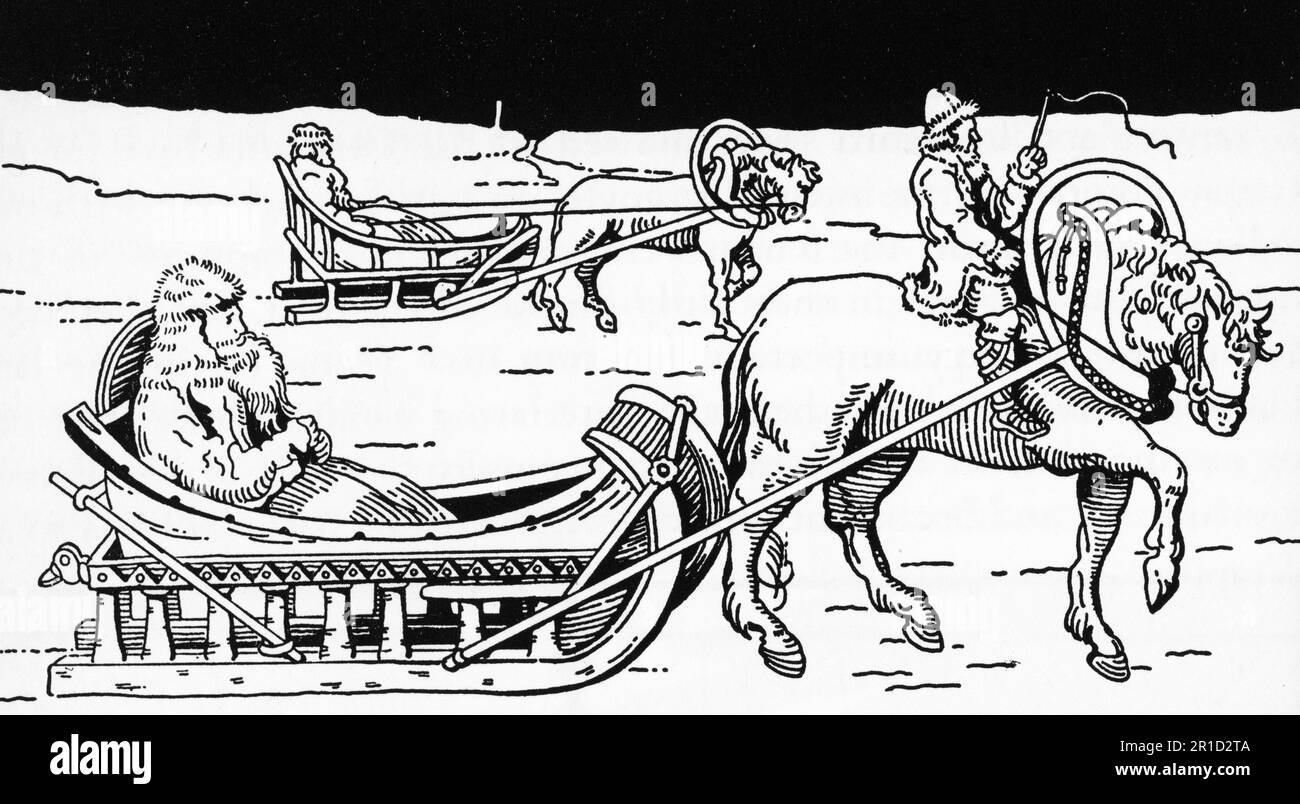 Traîneaux tirés par des chevaux en Russie. Après une illustration de 16th siècle. Banque D'Images