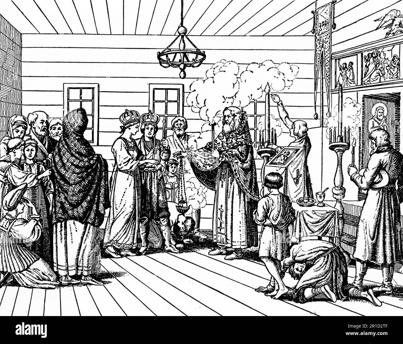 Un mariage en Russie dans la foi catholique grecque, 19th siècle. Après Albert Racinet (1825-1893). Banque D'Images