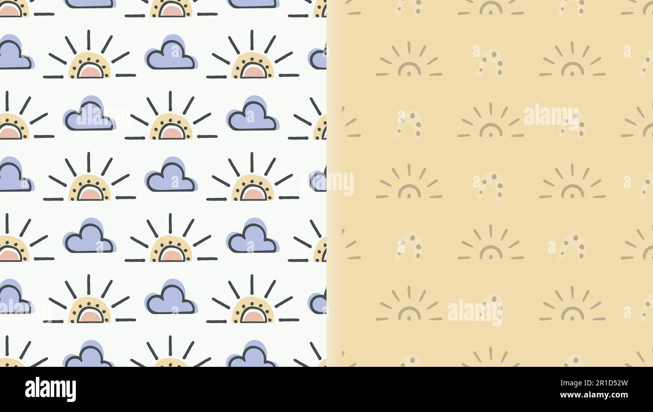 Ensemble de 2 motifs sans couture pour enfants d'hiver, formes de soleil en nuage arc-en-ciel, motif graphique à encre dessinés à la main, dessin animé pour bébé. Rose pastel bleu Illustration de Vecteur