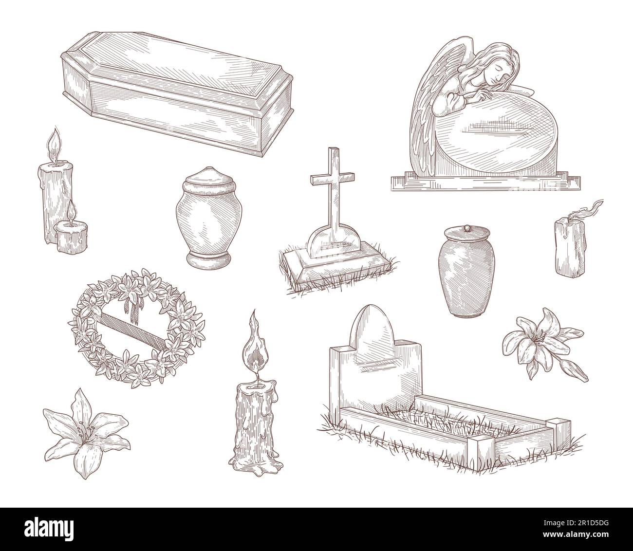 Illustration vectorielle des éléments de service funéraire dessinés à la main Illustration de Vecteur