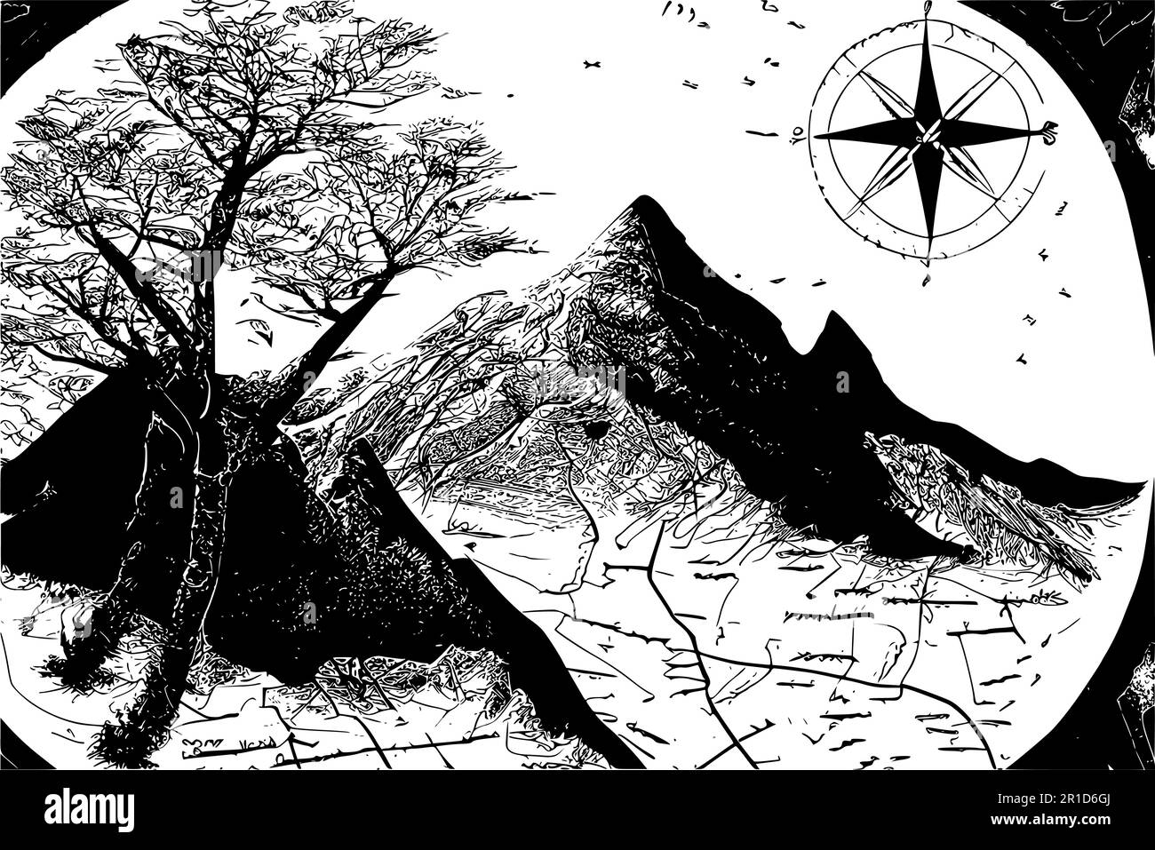 Ancienne carte, boussole et montagnes. Arrière-plan vectoriel d'activité extérieure. Illustration de Vecteur