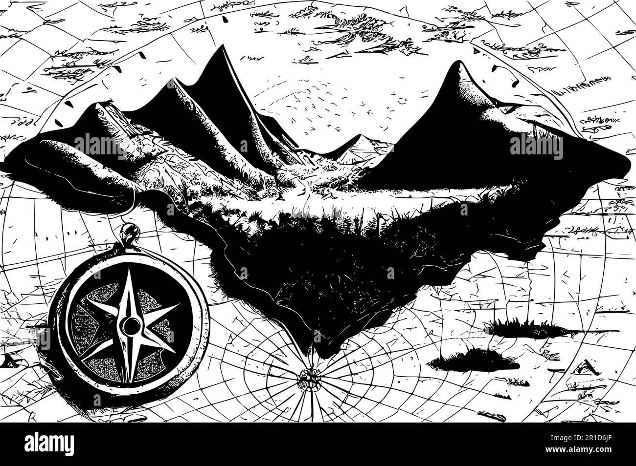 Ancienne carte, boussole et montagnes. Arrière-plan vectoriel d'activité extérieure. Illustration de Vecteur