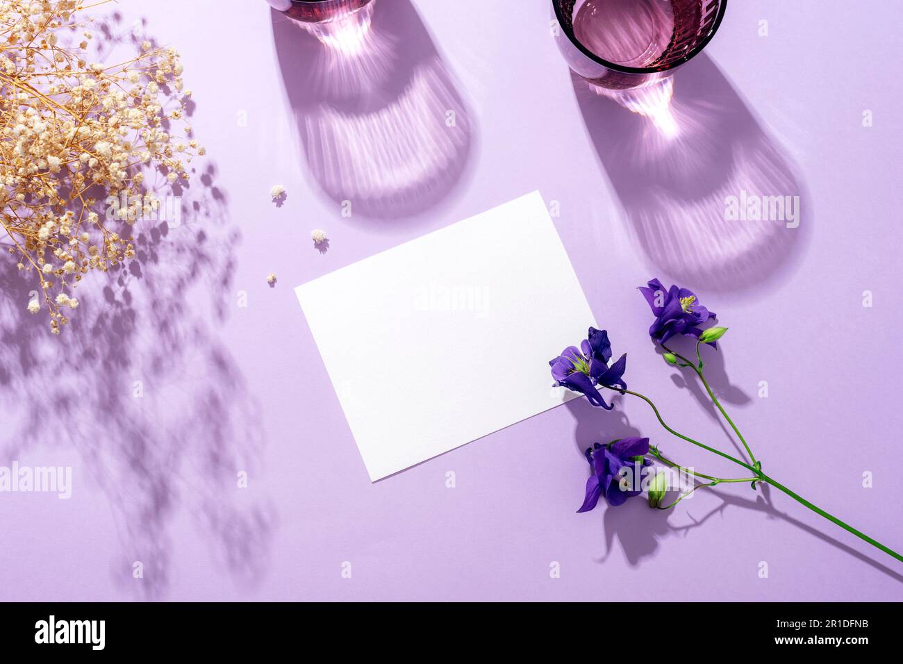 Moderne papeterie d'été encore vie. Deux verres d'eau avec de longues ombres et des fleurs bleues sur fond violet. Maquette de carte de visite vierge. Top vie Banque D'Images