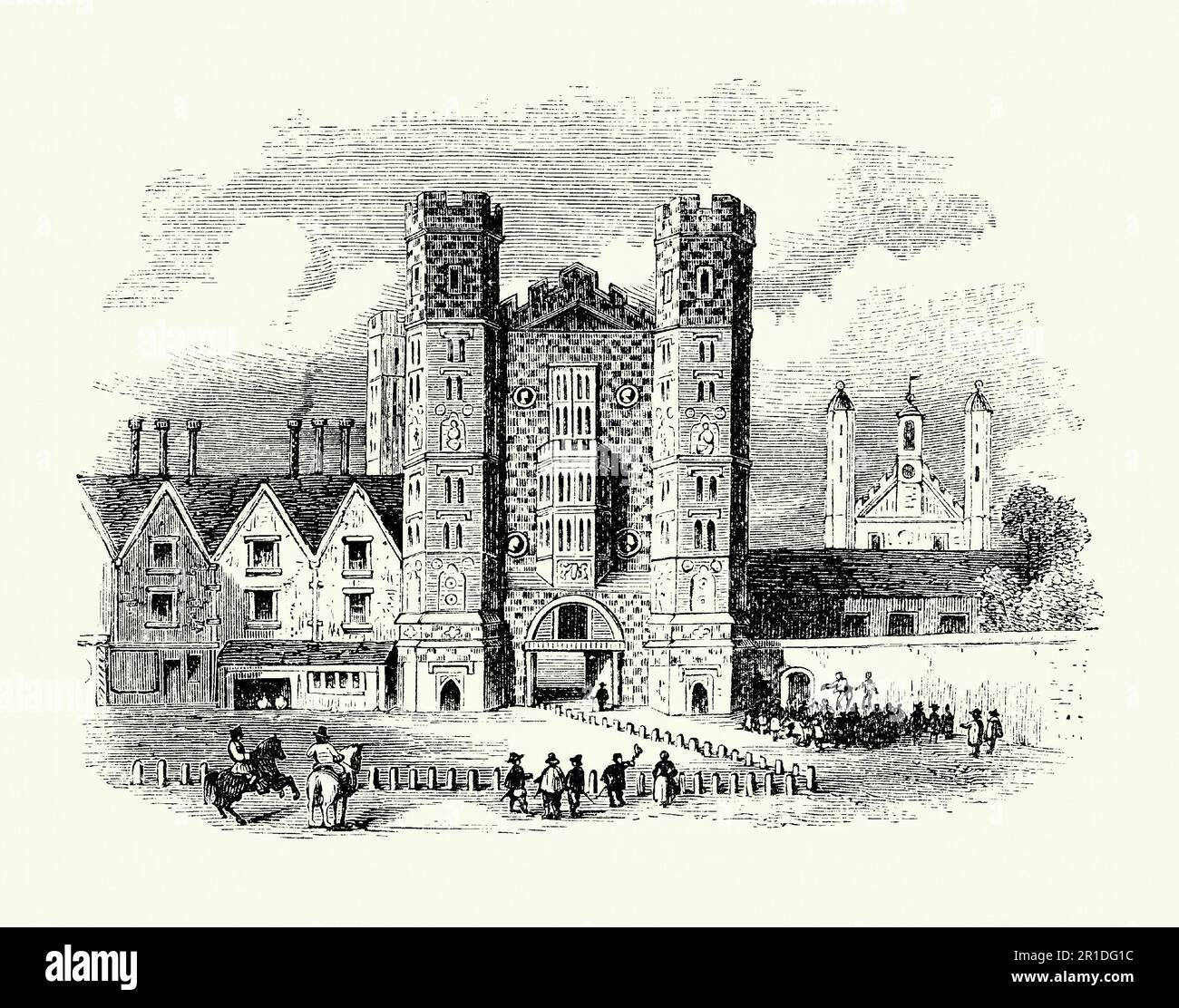 Une ancienne gravure de la porte Holbein, Whitehall, Westminster, Angleterre, Royaume-Uni, c. 1550. Cette passerelle massive a été construite en 1531–2 dans le style gothique anglais. La porte de Holbein (également connue sous le nom de porte du roi ou porte du Cockpit) et la porte de Westminster ont été construites par Henry VIII pour relier des parties du palais Tudor de Whitehall. La porte était l'une des deux parties importantes du Palais pour survivre à un incendie catastrophique en janvier 1698. Il a été démoli en 1759. Banque D'Images Une ancienne gravure de la porte Holbein, Whitehall, Westminster, Angleterre, Royaume-Uni, c. 1550. Cette passerelle massive a été construite en 1531–2 dans le style gothique anglais. La porte de Holbein (également connue sous le nom de porte du roi ou porte du Cockpit) et la porte de Westminster ont été construites par Henry VIII pour relier des parties du palais Tudor de Whitehall. La porte était l'une des deux parties importantes du Palais pour survivre à un incendie catastrophique en janvier 1698. Il a été démoli en 1759. Banque D'Images