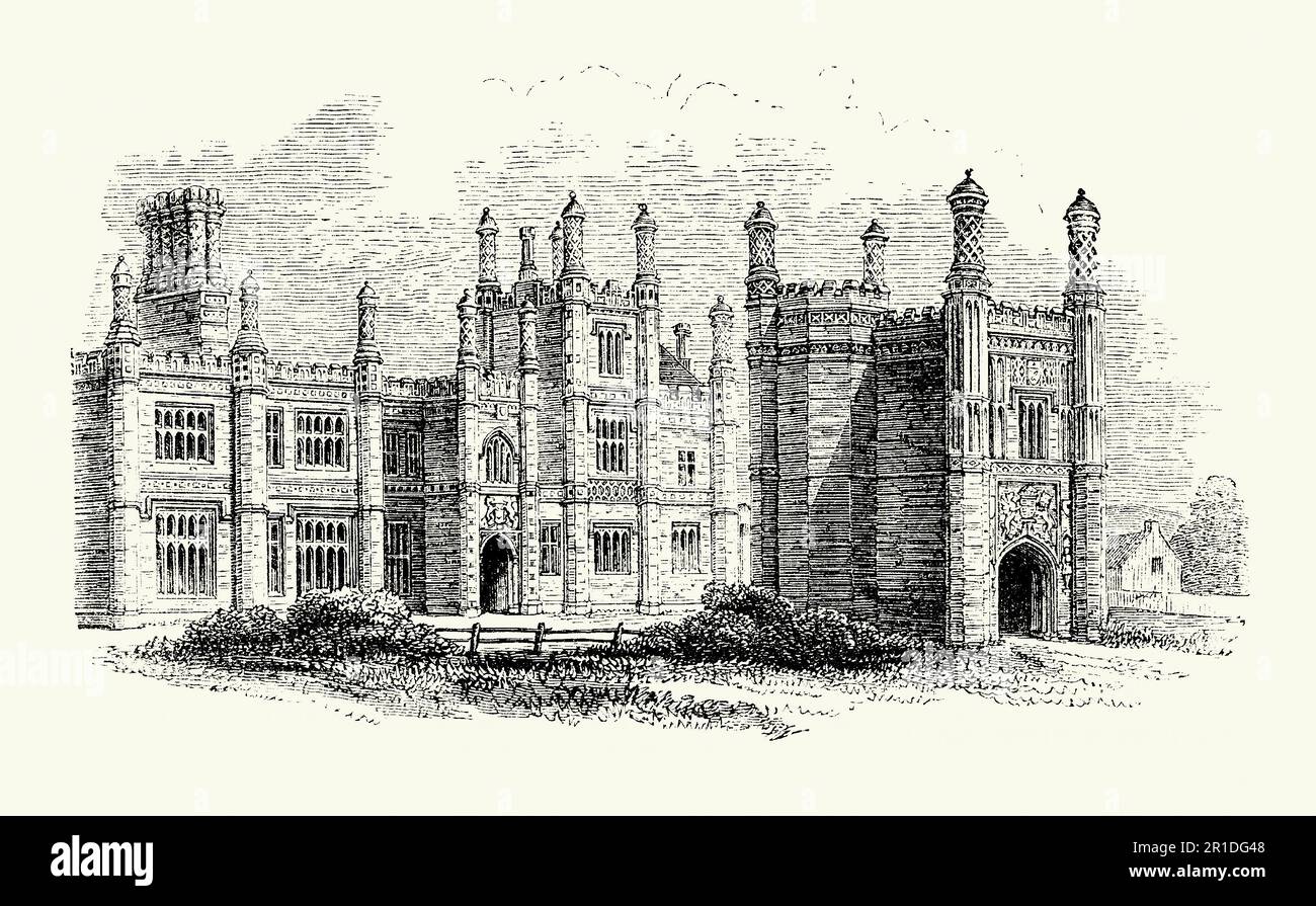 Une ancienne gravure de Wolterton Manor House, Wolterton, Aylsham, Norfolk, Angleterre, Royaume-Uni c. 1500. Cette maison en brique a été occupée par Sir Henry Spelman. Il a été remplacé plus tard par Wolterton Hall, une grande maison de campagne géorgienne commandée par le Baron Walpole de Wolterton en 1st, conçu par l'architecte Thomas Ripley et achevé en 1742. Banque D'Images