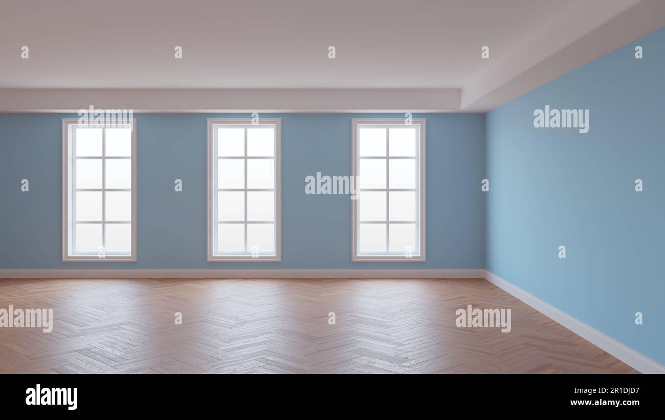 Intérieur avec mur bleu clair, plafond blanc et Conrnice, trois grandes fenêtres, parquet à chevrons et pied blanc. Magnifique concept de l'intérieur, illustration 3D. 8K Ultra HD, 7680 x 4320 Banque D'Images