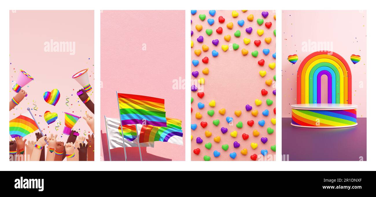 COLLECTION D'articles, de publications ou de publicités sur les médias sociaux du mois DE LA FIERTÉ. Modèles verticaux d'arrière-plan pour la célébration d'amour LGBTQIA+ dans l'illustration 3D Banque D'Images