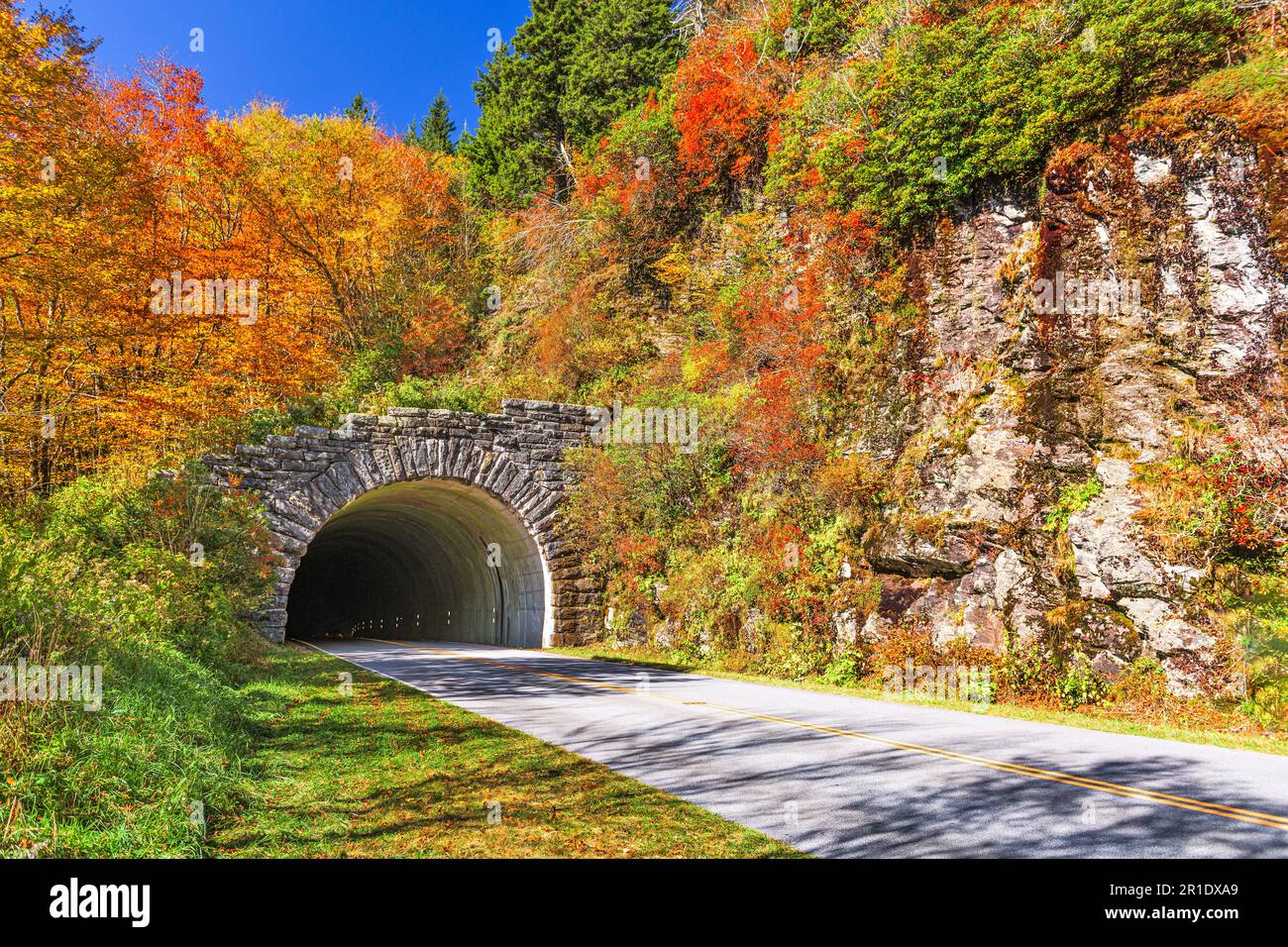 Blue Ridge Parkway tunnel dans la forêt nationale de Pisgah, NC, États-Unis. Banque D'Images
