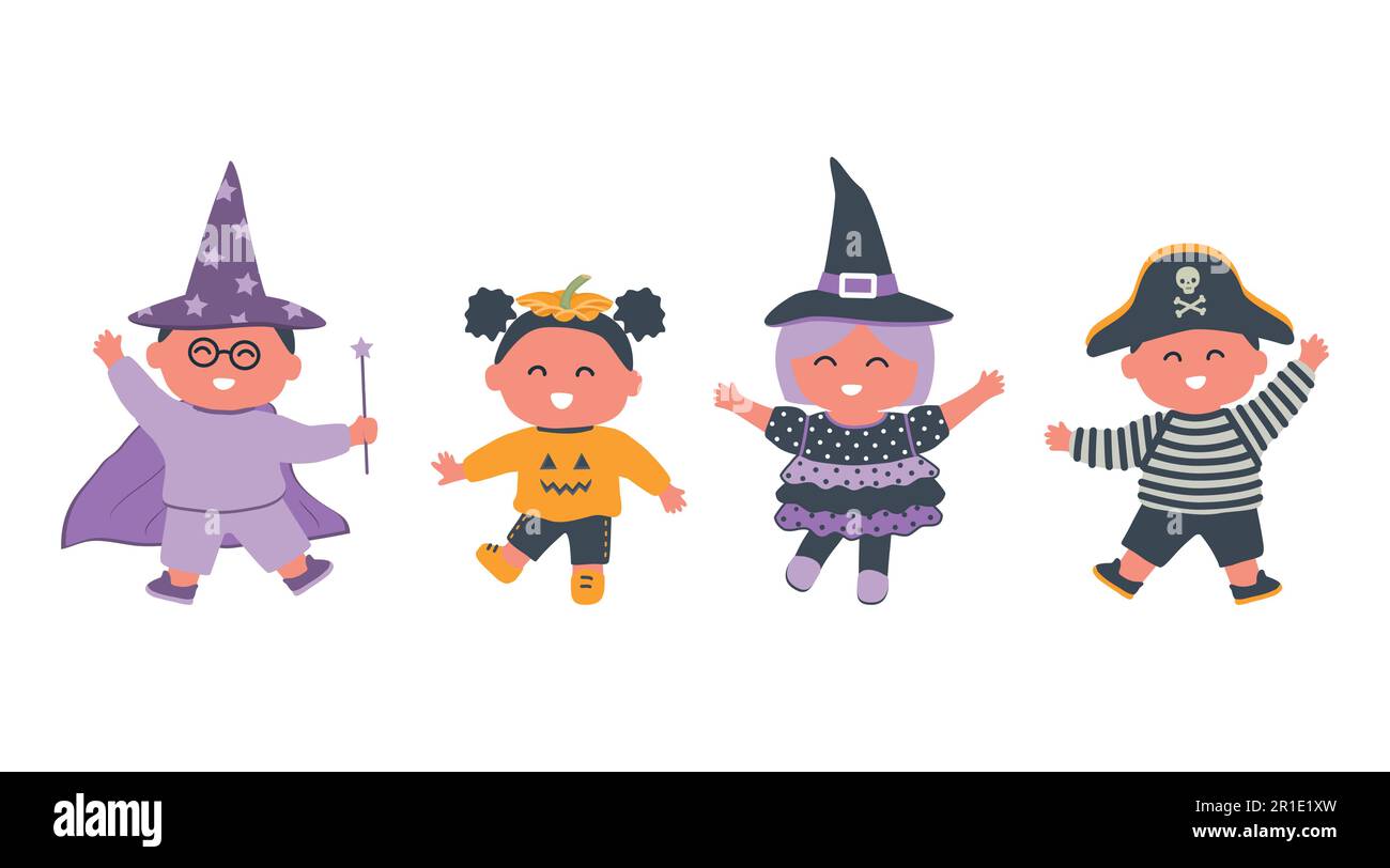 Fête d'Halloween pour enfants. Enfants en costumes d'halloween. Sorcière, pirate, citrouille et magicien dans l'image. Illustration vectorielle Illustration de Vecteur