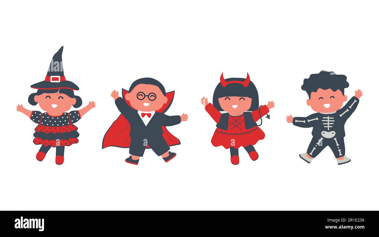Fête d'Halloween pour enfants. Enfants en costumes d'Halloween. Sorcière, vampire, imp et squelette dans l'image. Illustration vectorielle Illustration de Vecteur
