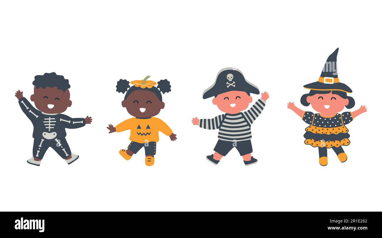 Fête d'Halloween pour enfants. Groupe multiculturel d'enfants en costumes d'halloween. Sorcière, pirate, citrouille et squelette dans l'image. Illustration vectorielle Illustration de Vecteur