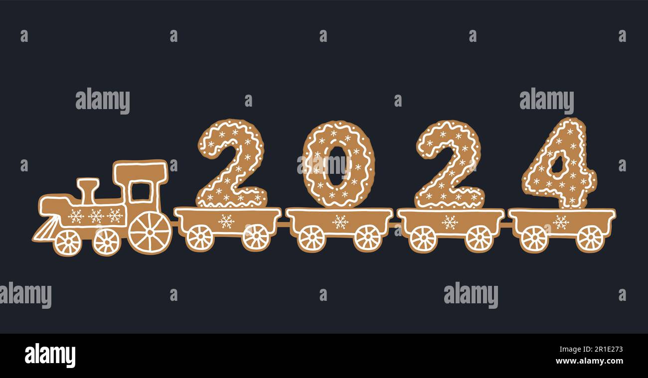 Train de pain d'épice. Entraînez-vous avec des biscuits de Noël sous forme de nombres de l'année 2024. Modèle de carte de vœux. Illustration vectorielle Illustration de Vecteur