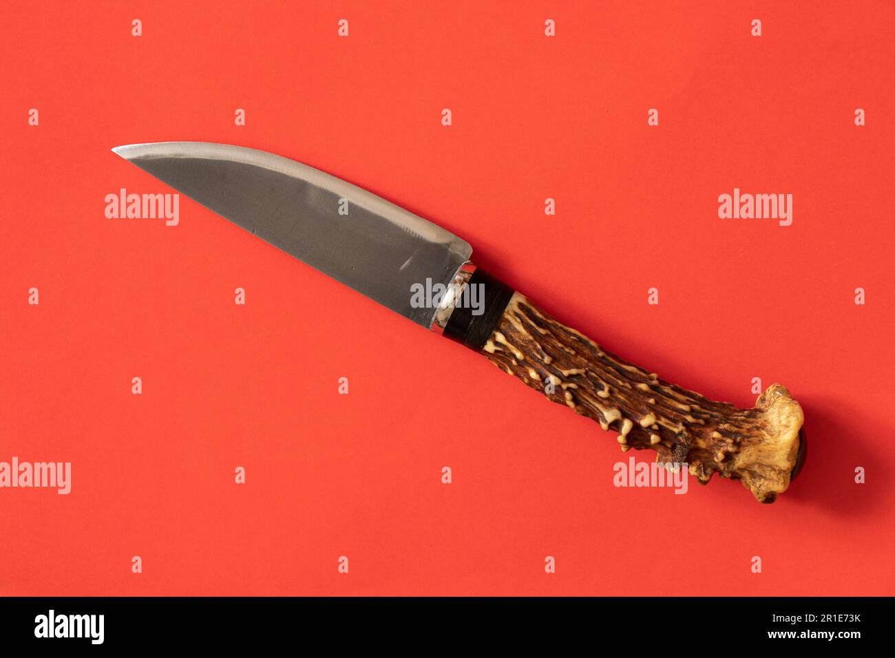 couteau avec une poignée d'un bois de cerf sur un fond isolé Banque D'Images